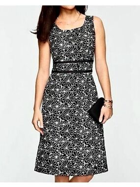 Talbots 14 black white embroidered floral sleeveless sheath dress office minimal